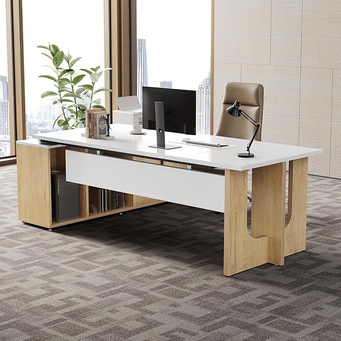 LITTLE TREE 74-Inch Executive L-Shaped Desk with Storage Cabinet &amp Shelves Large Home Office Computer Desk Modern Business Workstation for Professionals (Oak &amp White)