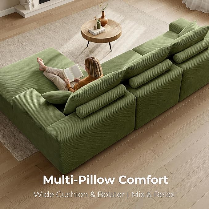 LIKIMIO 120 Modular Sectional Sofa Modern Boneless Cloud Couch Oversized 3-Seater Comfy Deep Seat L-Shaped with Chaise for Living Room No Assembly Required Corduroy Upholstery Green