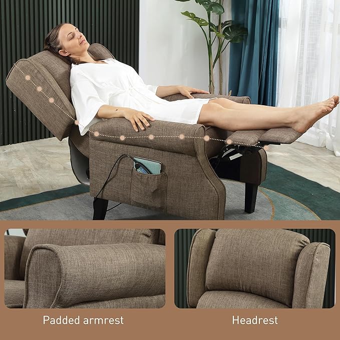HOMCOM Vibration Massage Recliner Chair for Living Room with Heat Wingback Single Sofa Modern Linen Fabric Push Back Reclining Chair with Footrest Side Pocket Brown