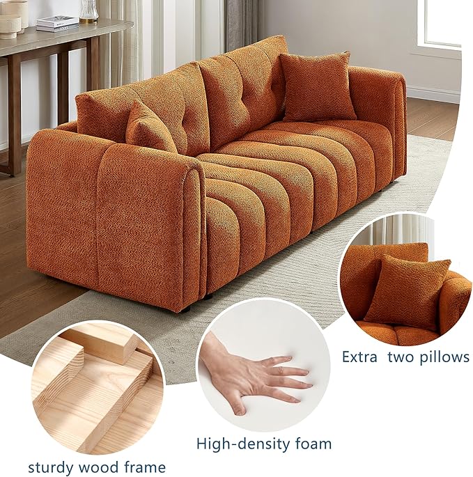 91.5 Sofa Couch w/Medium Firm Seat Cushion Tufted BackCloud Loveseat w/Deep Seats &amp Chenille Fabric 3 Seater Sofa for Living Room Apartment Lounge Office (Orange)