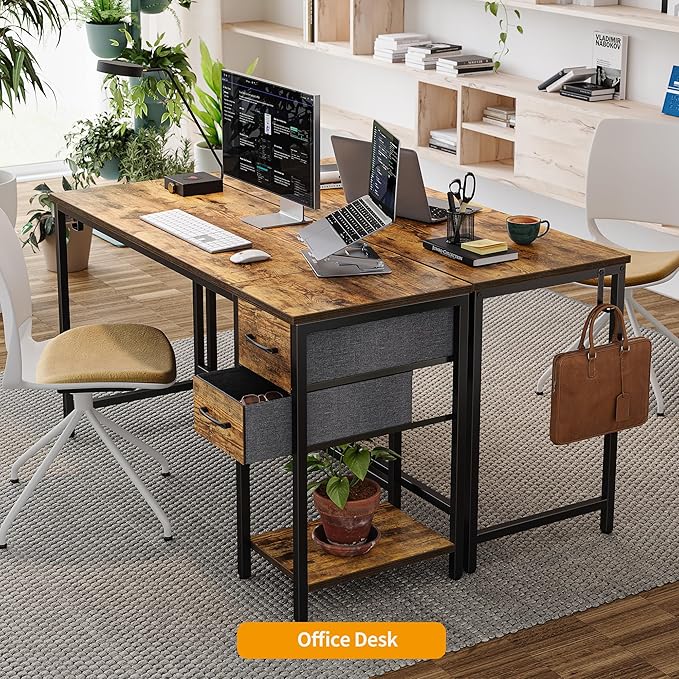 CubiCubi Computer Desk with 2 Drawers 47 Inch Small Home Office Desk Study Writing Table Rustic Brown
