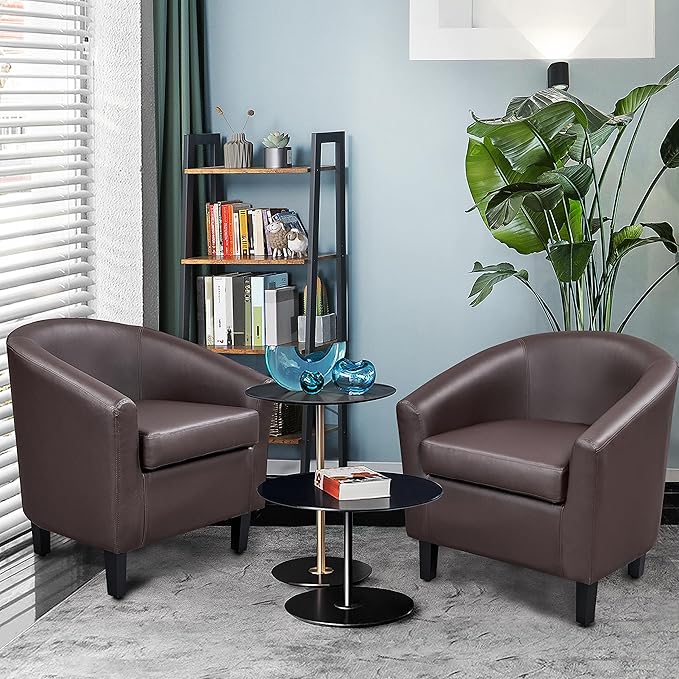Yaheetech PU Leather Accent Chairs Modern Barrel Chairs Side Chairs Comfy Club Chairs with Soft Padded 2 Chairs for Living Room/Bedroom/Reading Room Espresso Set of 2