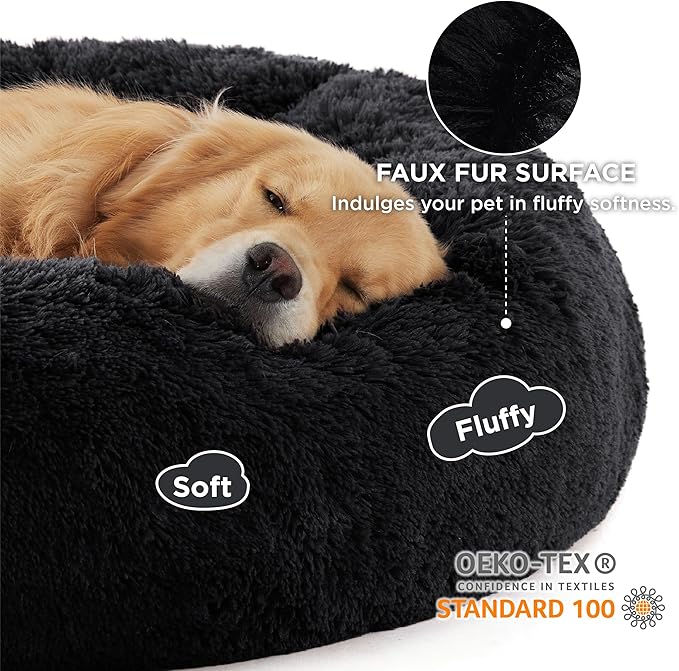 Bedsure Calming Dog Bed for Extra Large Dogs - Donut Washable Large Pet Bed 45 inches Anti-Slip Round Fluffy Plush Faux Fur Dog Bed Fits up to 120 lbs Pets Black