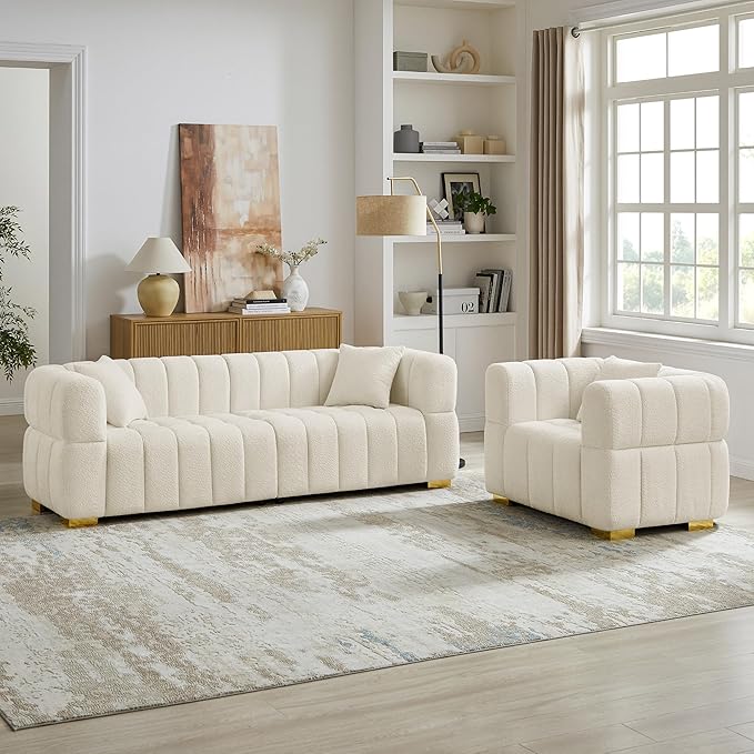 VANOMi Sofa and Chair Set Modern Deep Seat Couch &amp Boucle Sofa Chairs Oversized Upholstered Couch Sets for Living Room Bedroom Office Apartment White (2 Pieces)