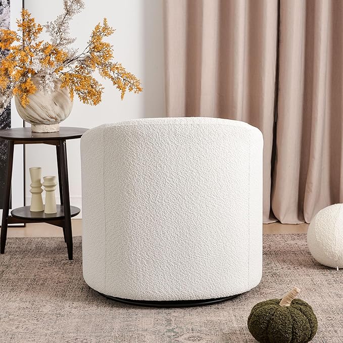 KINWELL 32 Wide Modern Boucle Swivel Barrel Chair No Assembly Round Upholstered Swivel Accent Armchair for Living Room Bedroom Office (White)