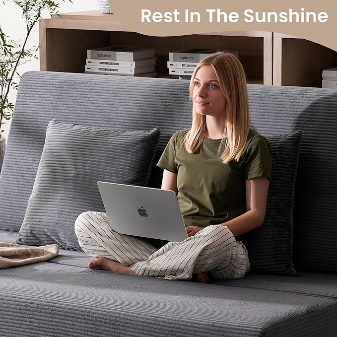 Folding Sofa Bed Convertible Sleeper Chair with Pillows High Support Memory Foam &amp Soft Corduroy Fbric Comfy Couch Bed Floor Loveseat Couch for Living Room Apartment Guest RoomGrey
