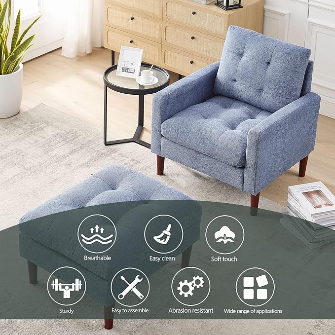Generic Modern Fabric Single Sofa Chair Living Room Chair Comfortable Armchair with Solid Wood Legs Tufted Chair for Reading or Lounging Blue
