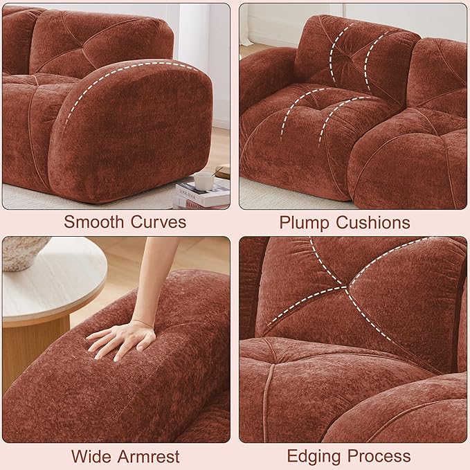 Boneless Couch Modular Sectional Sofa 110.6 U Shaped Sectional Couches for Living Room 3 Seater Cloud Couch with Ottoman Retro Velvet Floor Sofa for Bedroom No Assembly RequiredRed-Brown