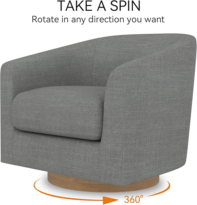 Swivel Accent Upholstered Modern Barrel-Curved Arm Linen Fabric Comfty Sofa Solid Wood Base Reading Bedroom Club Living Room Chair Charcoal Grey