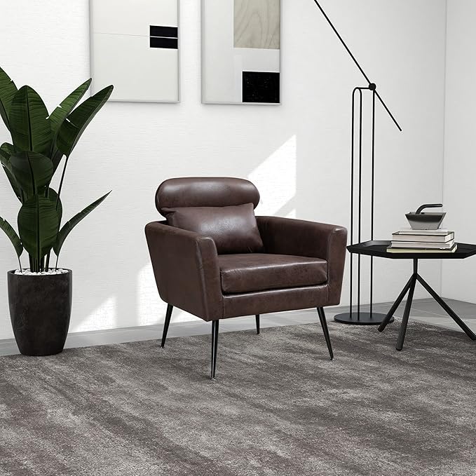 29.5W Classical Accent Chair Armchair Upholstered Reading Chair Single Sofa Leisure Club Chair with Black Metal Leg and Throw Pillow for Living Room Bedroom Dorm Room OfficeDark Brown Bronzing Suede