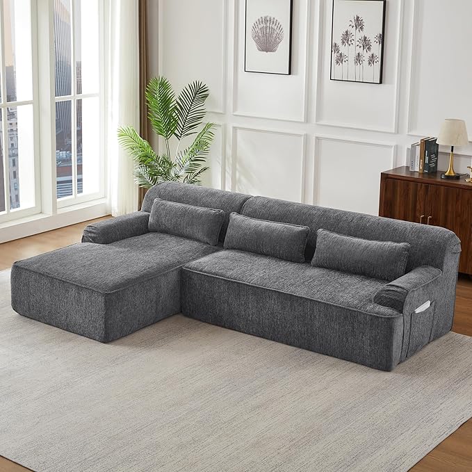 KEIKI 102 Chenille Couch Elegant Cloud Couch Sectional for Office Lounge or Studio Oversized L-Shape Modular Chenille Sofa No Assembly Needed