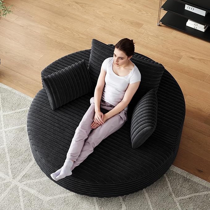 KEIKI 55 Oversized 360 Degree Swivel Chair Large Barrel Chairs Upholstered Round Swivel Chair Corduroy Single Sofa Armchair Sleeper Chair for Living Room Lounge Black