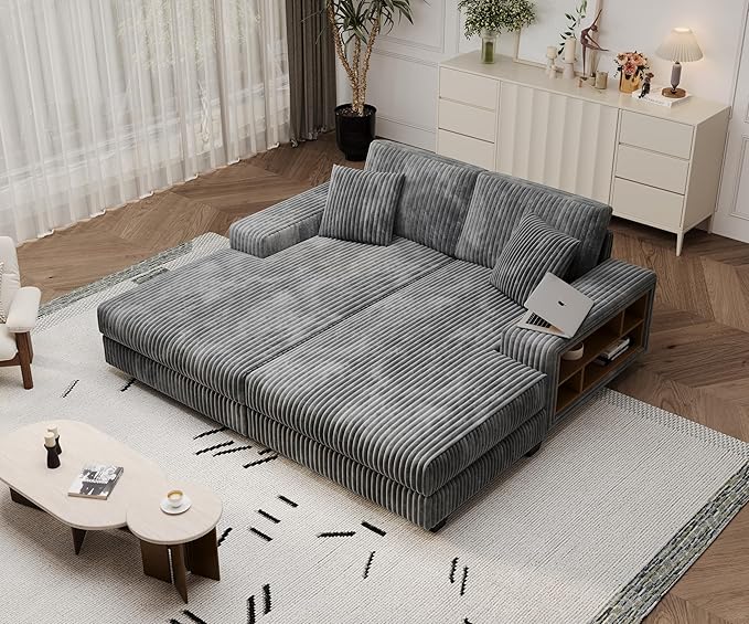 79.5 Oversized Corduroy Modular 2-Seat Sectional Couch with Extra-Wide Armrest Storage and Double Chaise Lounge Modern Convertible Sleeper Sofa for Living RoomDark Gray