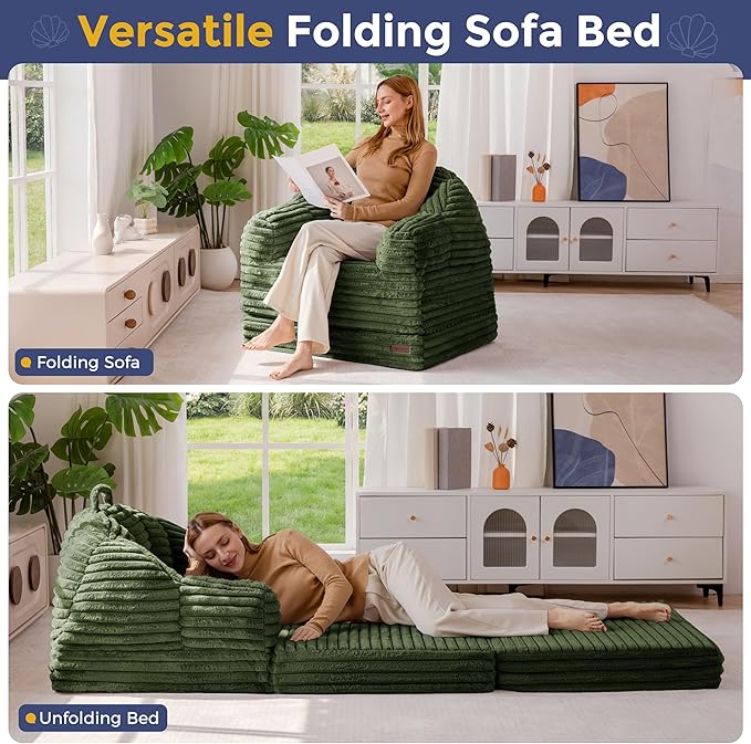 MAXYOYO Folding Sofa Bed 2 in 1 Convertible Sofa to Lounger Comfy Faux Fur Bean Bag Chair for Adults Floor Single Sleeper Couch Chair with Handle Couch Bed for Living Room Bedroom Dark Green
