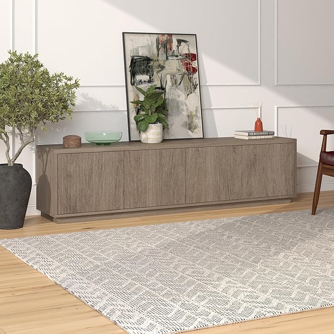 Henn&ampHart Fluted TV Stand for TVs up to 85 with 2 Concealed Ribbed Storage Cabinets and Adjustable Shelves for Living Room Family Room or Office Weathered Gray