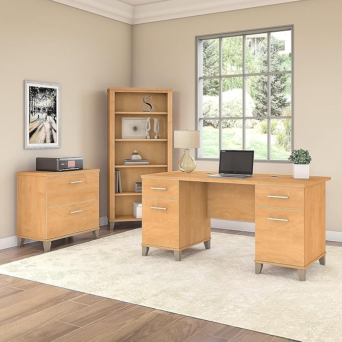 Bush Home 60-inch Home Office Desk with Drawers Large Computer Table with Storage Transitional Style Somerset Collection Maple Cross