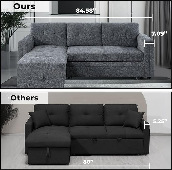 Naomi Home L-Shaped Sectional Sleeper Sofa with USB Ports - Convertible Pull-Out Bed Ample Storage Timeless Design Durable Construction Gray/Microfiber
