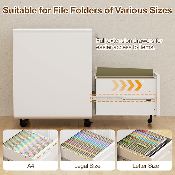 File Cabinet Mobile Filing Cabinet with Lock All Steel Structure Printer Stand Fully Assembled Except Casters Under Desk Storage for Home Office 2 Drawers Document Organizer White