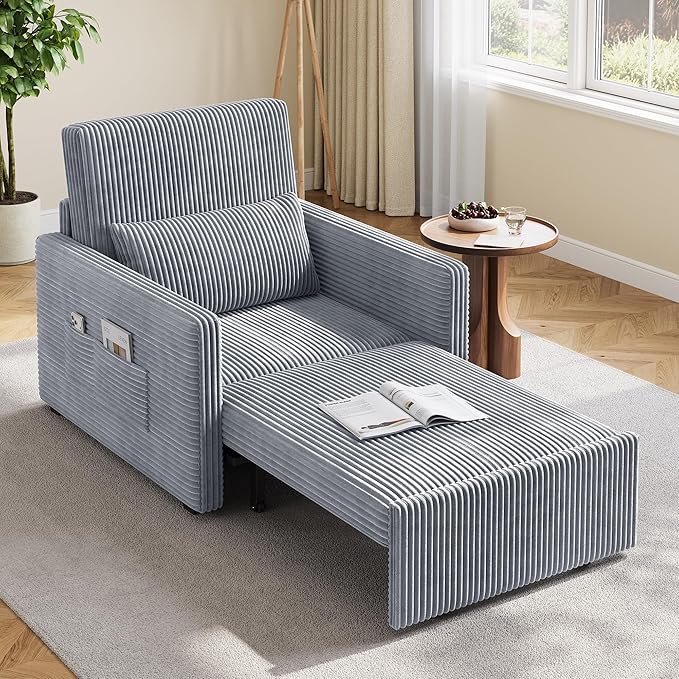 Ahomly 3 in 1 Convertible Sleeper Chair Corduroy Single Sleeper Sofa Bed for Adults 75.2 Long Pull Out Chair Bed with Side Pockets for Living Room Small Place Gray