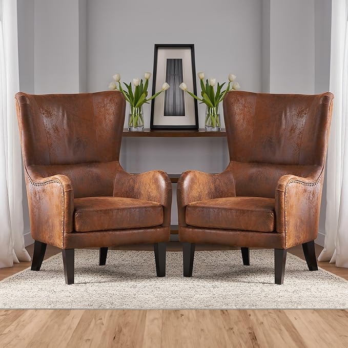 2 Piece Mid-Century Modern Accent Chairs 27 Wide Wingback Club Chair Set of 2 with Nailhead Trim Fabric Reading Living Room Side ChairSingle Armchair Sofa