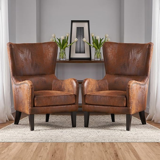 2 Piece Mid-Century Modern Accent Chairs 27 Wide Wingback Club Chair Set of 2 with Nailhead Trim Fabric Reading Living Room Side ChairSingle Armchair Sofa