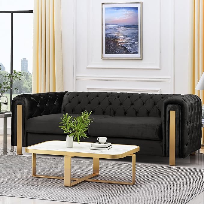 Tufted Velvet Sofa Couch for Living Room Upholstered Tuxedo Arm 3-Seater Sofa Couch with Golden Legs Chesterfield Sofa Apartment Office Studio Black