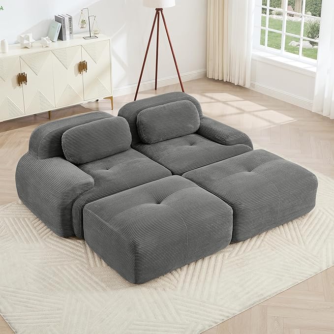 Cloud Sectional Couch Boneless U Shaped Couch 81.8'' Modular Sectional Sofa with Ottoman Modular Loveseat Sofa 2 Seater Corduroy Deep Seat Couches for Living Room No Assembly Couches Grey