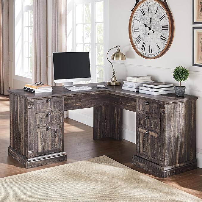 OKD 60 L Shaped Executive Desk with Drawers Farmhouse Home Office Desk with Charging Station File Cabinet Storage Wood Corner Computer Desk for Work and Study Dark Rustic Oak