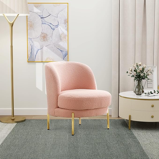 28.4 W Accent Chair Upholstered Curved Backrest Reading Chair Single Sofa Leisure Club Chair with Golden Adjustable Legs for Living Room Bedroom Dorm Room (Pink Boucle)