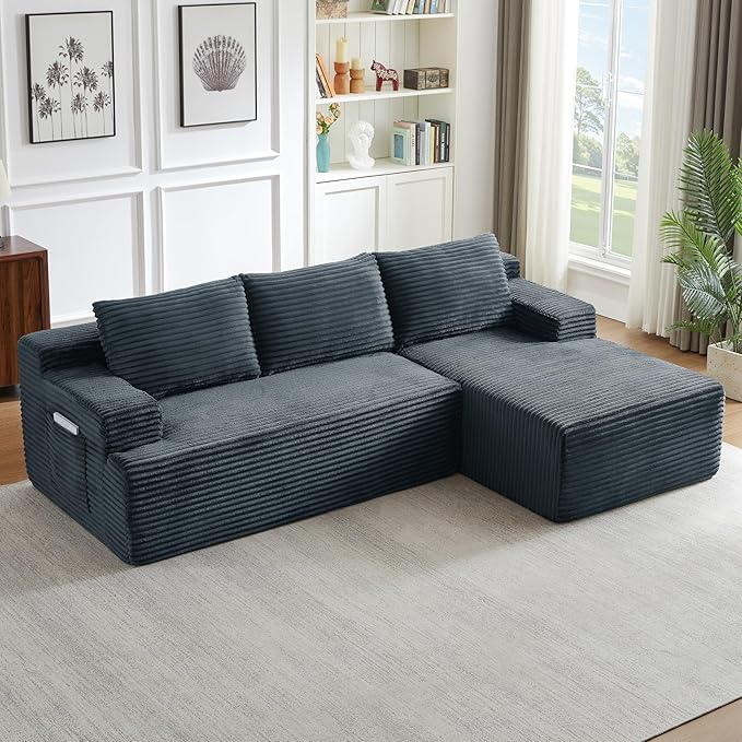 L-Shaped Boneless Couches for Living Room - 96 Cloud Modular Sectional Sofa Chaise Fluffy Comfy Couch with Deep Seat No Assembly RequiredDark Grey