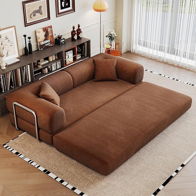 79 Convertible Sofa Bed with Fixed-Shape Frame Corduroy Folding Pull Out Couch No Assembly Modern Boneless Couch Compression Sofa in Box Floor Sofa for Living RoomBrown