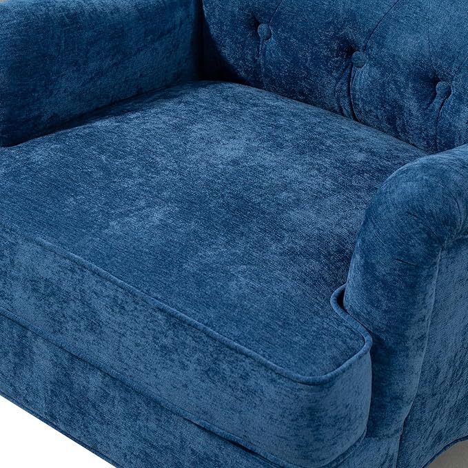 Retro Accent Armchair with Spring Cushions &amp Ergonomic Design - Chenille Upholstered Living Room Chair Removable Padding Solid Wood Legs for Bedroom Office - 300lbs Weight Capacity (Blue)