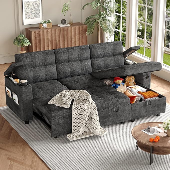 IDEALHOUSE Couches for Living Room 84'' Sofa Bedl-Shaped Sectional Sleeper Sofa with Pull Out BedReversible Storage Chaises Hidden Storage ArmrestsCup Holders &amp USB Charging Ports