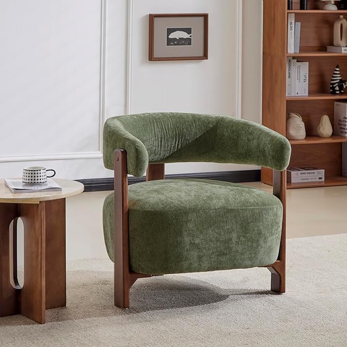 Christopher Knight Home Zax Modern Accent Chair for Living Room Upholstered Lounge Chair Indoor with Wooden Frame Comfy Reading Seating with 3 Legs Design Armchair with Cushion Green + Walnut