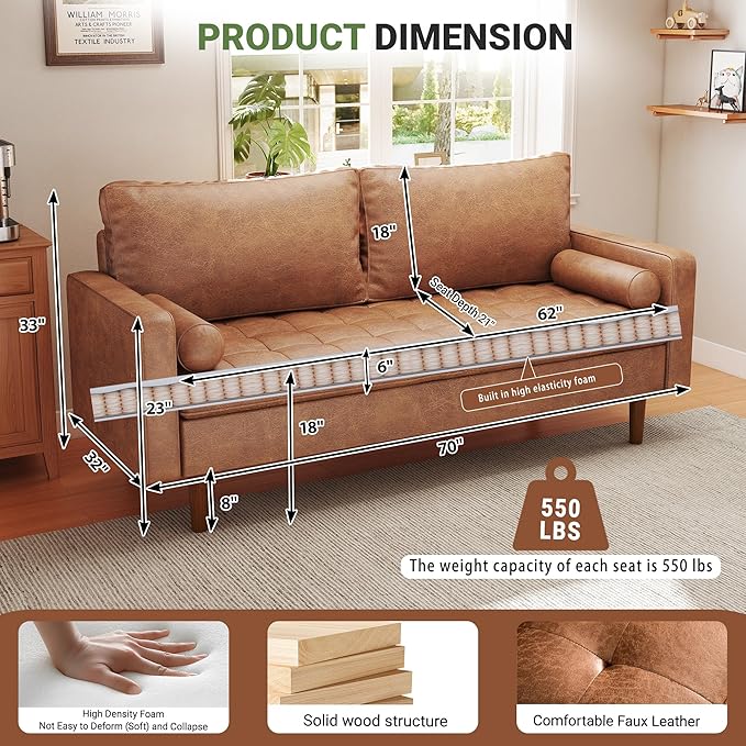 70 Loveseat Sofa Couch Mid-Century Vintage Couches 2 Seat Faux Leather with Solid Wood Frame Deep Seat 2 Pillows for Living Room Apartment Office Small Spaces Brown
