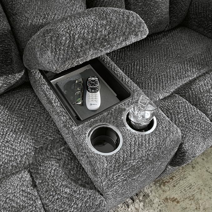 Signature Design by Ashley Frohn Contemporary Manual Reclining Loveseat with Console with Console Storage and Cup Holders Gray