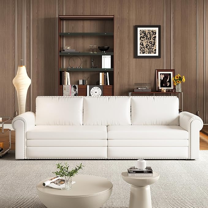 93.7 Chesterfield 3 Seater Pull Out Sofa Bed King Size with Pillows PU Leather 3-in-1 Convertible Sleeper Couch with Nails Trim Space Saving for Living Room Cream White