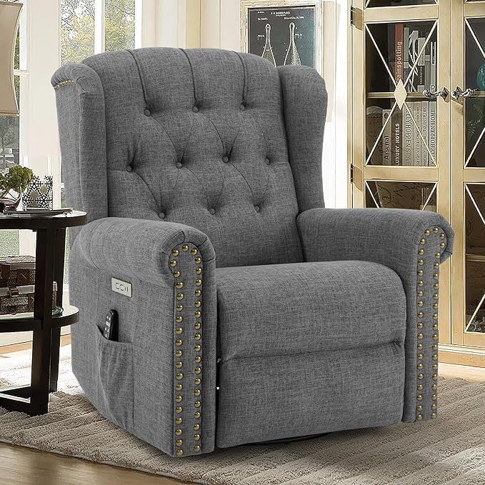 Power Swivel Rocking Glider Recliner Chair Electric Nursery Reclining Sofa Chair with Heat and Massage Wingback Tufted Upholstered Recliner for Living Room USB and Type-C Ports Grey