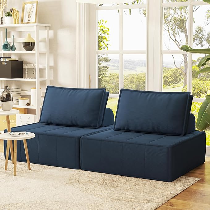 PurrJoys Modular Sectional Loveseat 2-Piece Deep Seat Corduroy Lounge Sofa with Movable Cushions Small Loveseat Couch for Living Room Bedroom Apartment Blue