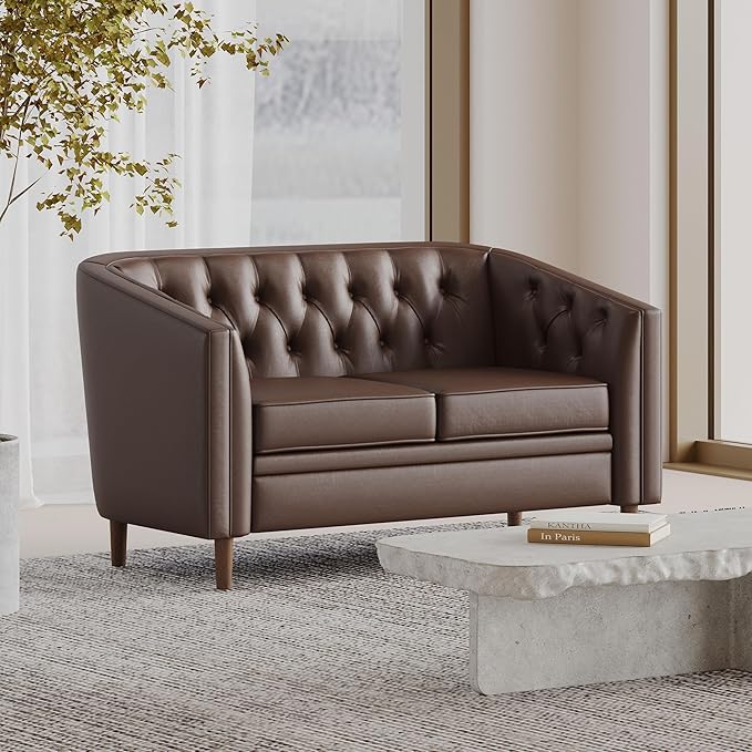 Dark Brown Loveseat Sofa PU Leather Tub Chair with Button-Tufted Stitch Contemporary Two-Seater Couch with Birch Wood Legs for Living Room