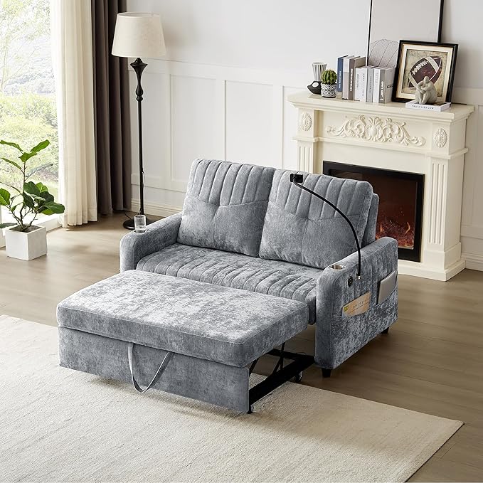 Modern Loveseat Pull-Out Sofa Bed Chenille Sleeper Sofa Couch with Adjustable Backrest 2 Cup Holders Phone Holder 3 Charging Ports and Side Storage Pockets for Living Room (Grey)
