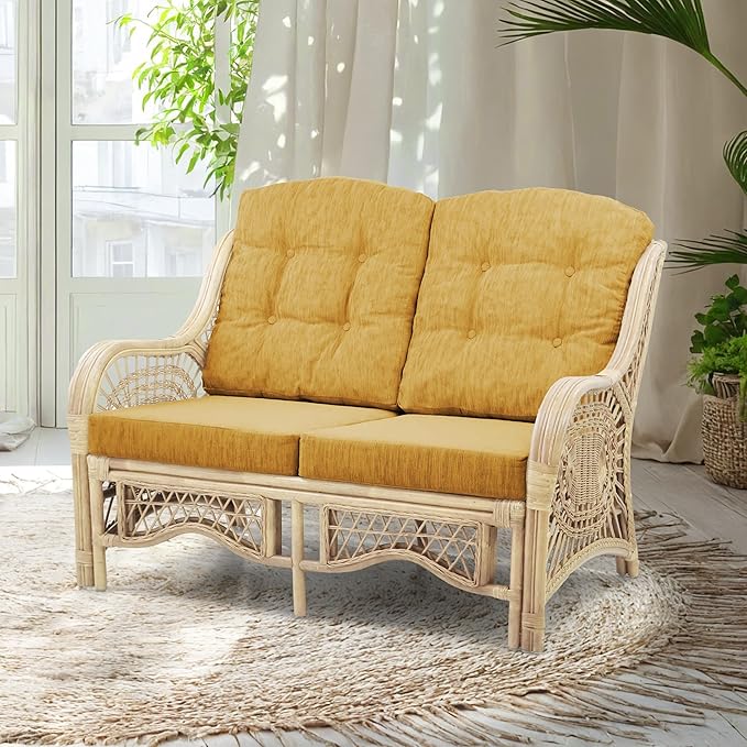 Malibu Lounge Loveseat Natural Color Sofa Natural Rattan Wicker Handmade Design with Light Brown Cushions