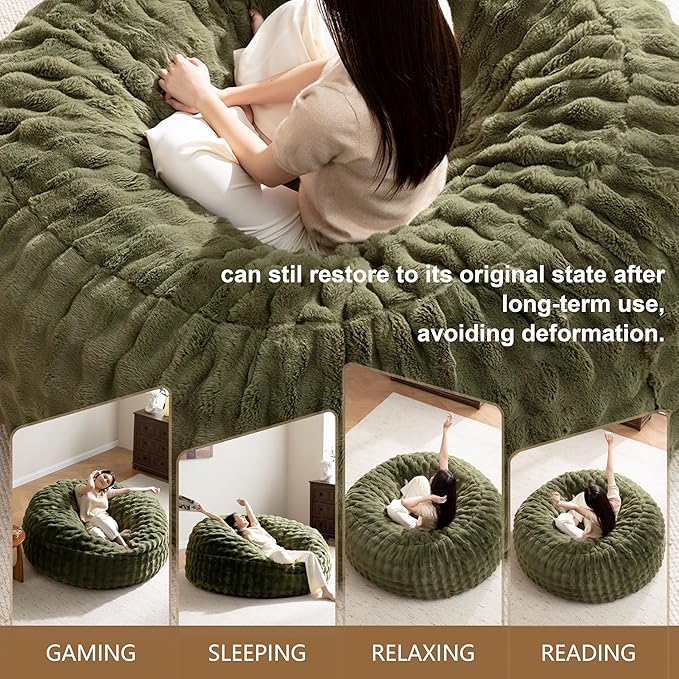 Bean Bag Chair for Adults Floor Bean Bags Offers Ample Space for AdultsMemory Foam Giant Bean BagsLounger Versatile Design Suits Any RoomMovie NightsReading (Rabbit Fur Green 6FT)