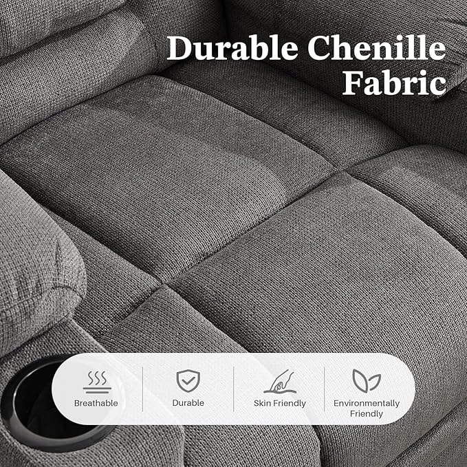 Recliner Chair with Massage and HeatChenille Recliner Sofa Chairs for AdultsWall Hugger Recliners for Living Room Reclining Armchairs with Cupholders Dark Gray