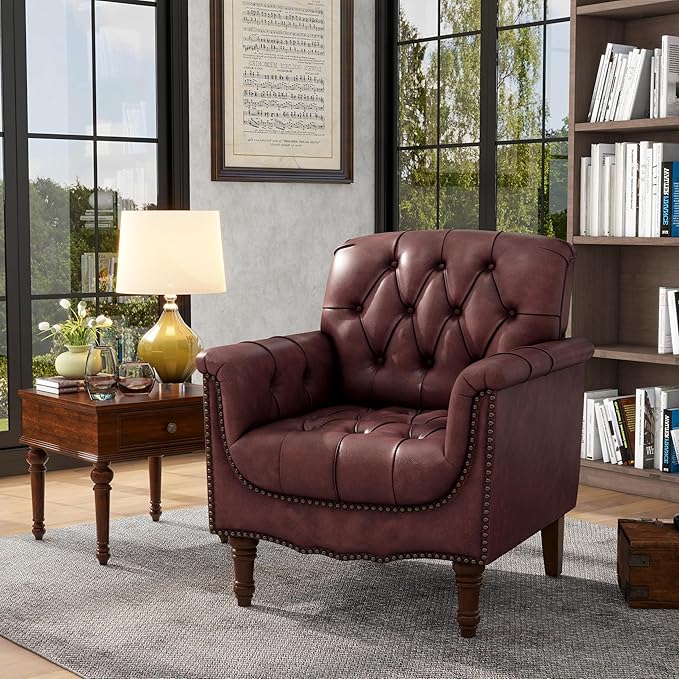 Faux Leather Accent Chairs Set of 2 Modern Armchair Club Chair with Nailhead Trims &amp Wood Legs for Living Room Upholstered Comfy Arm Chair Side Chair for Office Bedroom-Dark Red