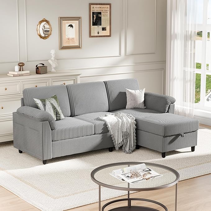 Meilocar Sectional Sofa Couch for Living Room 79 Sectional Couches with Storage Ottoman L Shaped Couch with Sloping Armrests 3-Seat Sofa Couches for Small Space Light Grey | Breathable Material