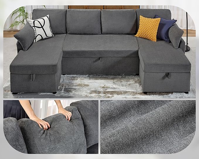 VanAcc Sleeper Sofa 110 inch Oversize - 2 in 1 Pull Out Bed Sectional Sleeper Sofa with Double Storage Chaise for Living Room Grey Linen Couch