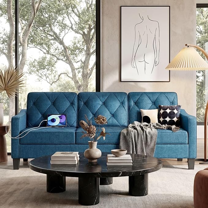 STHOUYN 83” Blue Sofas &amp Couches Small 3-Seater Sofa for Living Room Apartment Size Couch Comfy Mini Couch Living Space Couch Tufted Design Office or Waiting Area (Blue) | Tufted Design Blue