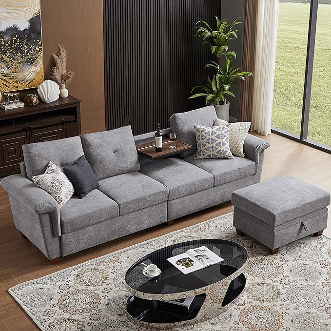 109 Convertible Sectional Sofa Modern Microfibe L Shaped Couch with Storage Chaise and Cup Holder 4 Seat Sofa Couches with Extra Headrests for Living Room Apartment Light Grey