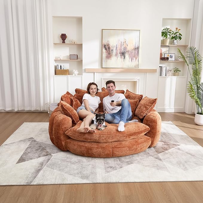 81 Round Sofa Bed Big Bean Bag Round Chaise Lounge Oversized Round Couch Boneless Reading Chair Plush Fluffy Chenille Large Chaise Chair for Living Room Bedroom Apartment Orange